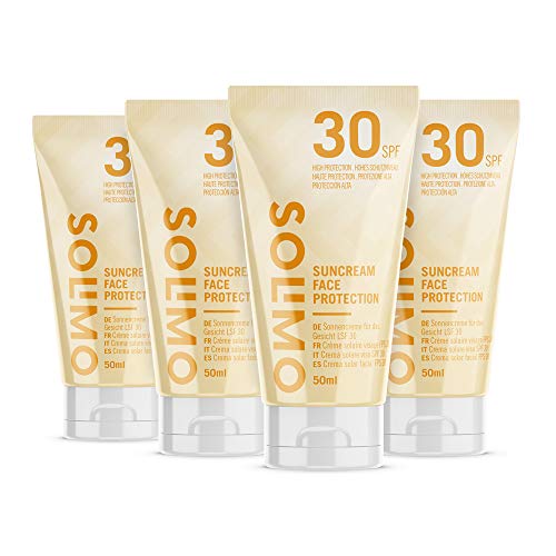 Marca Amazon - Solimo - SUN - Crema solar facial FPS 30, con vitamin E, antioxidante (4x50 ml)