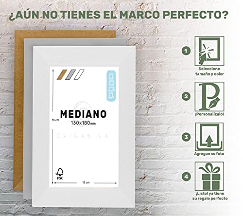 Marco de Fotos PERSONALIZABLE con tu Texto y con tu Foto - Hecho de madera de pino - Elige tu color, elige el tamaño, agrega tu texto y sube tu imagen. Hecho en España (13 x 18 cm, BLANCO)