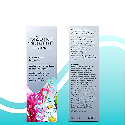 Marine Elements - Crema facial hidratante eficaz en pieles secas, sensibles y enrojecidas. Hipoalergénico, con algas rojas, manzanilla marina, provitamina B5 y ácido hialurónico. (50 ml)