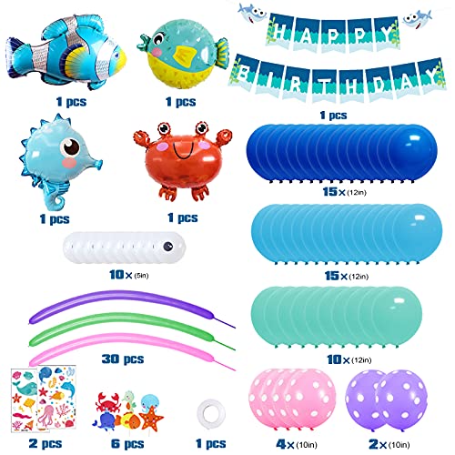 Marino Tema Decoración Fiesta Cumpleaños Niño, 108Piezas Océano Decoracion Globos de Cumpleaños Kit con Globos Animales Marinos y Globos Azules,Happy Birthday Banners para Niños Fiesta