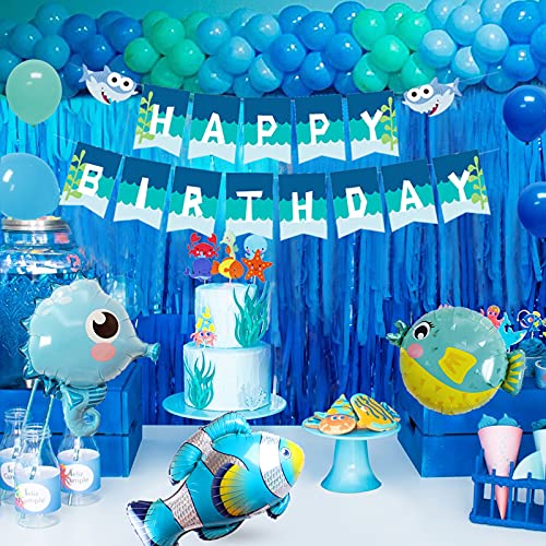 Marino Tema Decoración Fiesta Cumpleaños Niño, 108Piezas Océano Decoracion Globos de Cumpleaños Kit con Globos Animales Marinos y Globos Azules,Happy Birthday Banners para Niños Fiesta