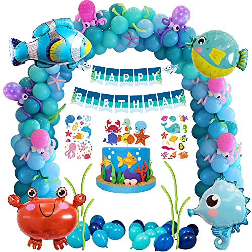 Marino Tema Decoración Fiesta Cumpleaños Niño, 108Piezas Océano Decoracion Globos de Cumpleaños Kit con Globos Animales Marinos y Globos Azules,Happy Birthday Banners para Niños Fiesta