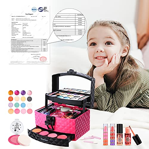 Mathea Cosmética Infantil de Maquillaje para Niñas, 30pcs de Juguete de Kit Maquillaje Lavable para niños de 3/4/5/6/7 años con de patrón de Diamantes de maletin Maquillaje, Set pintauñas niñas Set