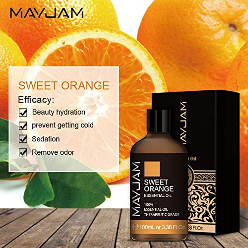 MAYJAM Aceites Esenciales de Naranja Dulce 100 ml, 100% Aceites Esenciales Naturales Puros, Aceite Esencial de Aromaterapia de Grado Terapéutico, Aceites de Fragancia para Difusor, Regalos Perfecto