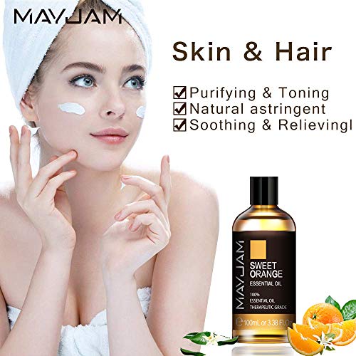 MAYJAM Aceites Esenciales de Naranja Dulce 100 ml, 100% Aceites Esenciales Naturales Puros, Aceite Esencial de Aromaterapia de Grado Terapéutico, Aceites de Fragancia para Difusor, Regalos Perfecto