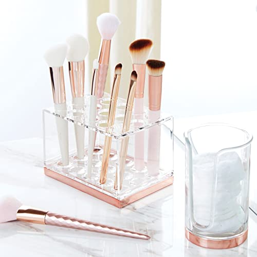 mDesign Práctico expositor de maquillaje – Decorativo organizador de cosméticos para máscara o labiales – Caja para guardar maquillaje con 15 compartimentos – transparente/dorado rojizo