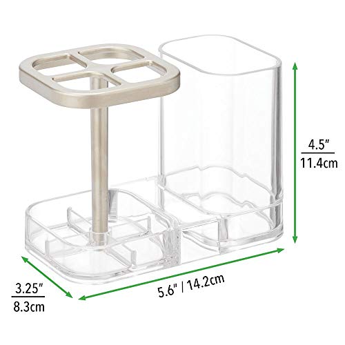 mDesign Soporte para cepillo de dientes – Ideal porta cepillo de dientes con vaso para pasta dental – Modernos accesorios para el baño en plástico para 4 cepillos dentales – transparente/plateado mate