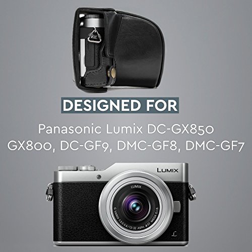 MegaGear MG1140 Panasonic Lumix DC-GX850, GX800, DC-GF9, DMC-GF8, DMC-GF7 (12-32 mm) Estuche Ever Ready, Funda de Cuero, de Pronto Uso, con Correa - Negro