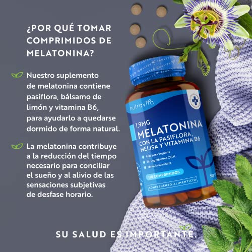 Melatonina 1,9 mg por comprimido con flor de pasión, bálsamo de limón y vitamina B6 - Suplemento con alta dosis de melatonina - Favorece un sueño saludable - 150 comprimidos – Nutravita