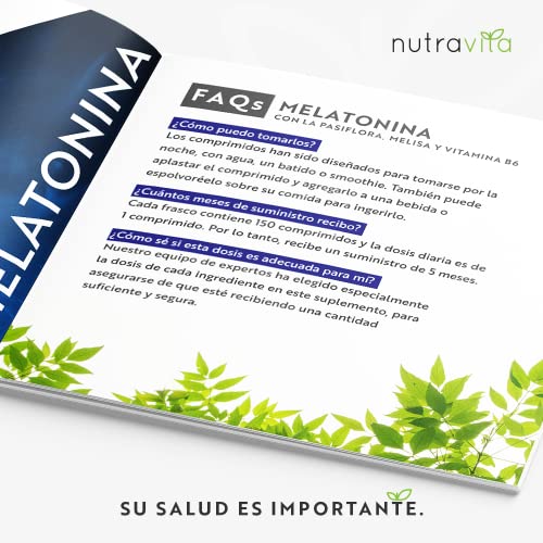 Melatonina 1,9 mg por comprimido con flor de pasión, bálsamo de limón y vitamina B6 - Suplemento con alta dosis de melatonina - Favorece un sueño saludable - 150 comprimidos – Nutravita