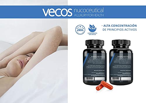Melatonina 1,9 mg Vecos para ayudar a conciliar el sueño – Suplemento con L-Triptófano, valeriana, pasiflora, griffonia y vitamina B6 – 90 cápsulas vegetales – 100% Apto veganos
