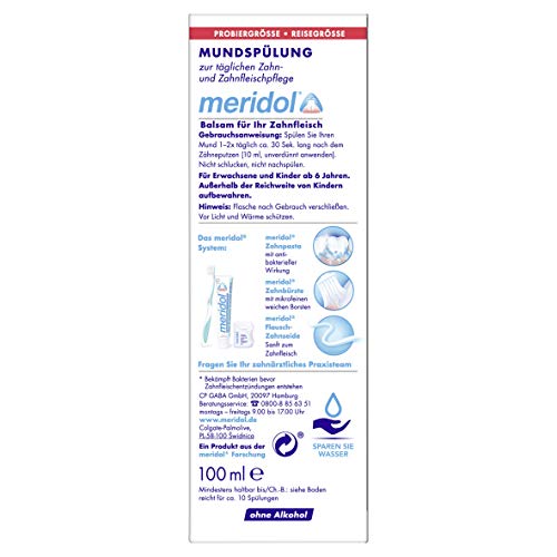 Meridol 1 Enjuague bucal de 100 ml (tamaño de Prueba y Viaje), Efecto Antibacteriano, para Dientes y encías sanos, sin Alcohol