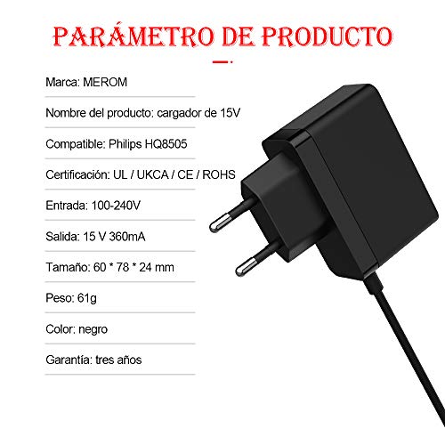 MEROM HQ8505 Cargador per Afeitadora 15V 0.5A Compatibile con Fuente de Alimentación Ricambio 15V 500mA para Philips Series 3000 5000 7000 9000 MG7720 MG7770 QP6530 QP6520 QP6510 QP6550 Cargador