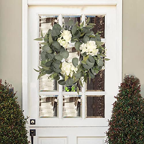 MIAOJI Corona de Navidad, guirnalda de hojas de eucalipto artificial para puerta, guirnalda de Navidad, imitación hortensias