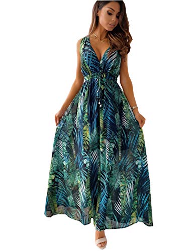 MOCEAL Vestido de verano para mujer, con cuello en V, estilo bohemio, sin mangas, con estampado floral, para la playa, para cóctel, verde, M