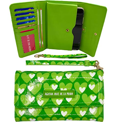 Monedero Cartera Billetero Grande para el movil de Mujer de Cuero Estampado con Corazones Verde Manzana Agatha Ruiz de la Prada