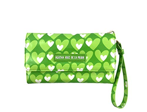 Monedero Cartera Billetero Grande para el movil de Mujer de Cuero Estampado con Corazones Verde Manzana Agatha Ruiz de la Prada