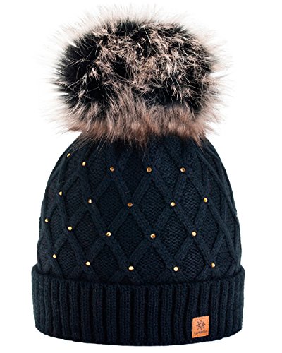 Morefaz - Gorro de invierno para mujer, decorado con cristales brillantes, con pompón, de lana, de estilo esquí y snowboard, moderno, negro