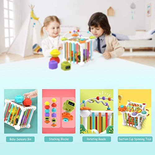 Morkka 12 Juguetes Montessori para niños y niñas, Juguetes sensoriales para bebés Cubo Colorido con 3 ventosas giratorios y Laberinto de Cuentas Aprendizaje temprano para niños pequeños de 1-3 años