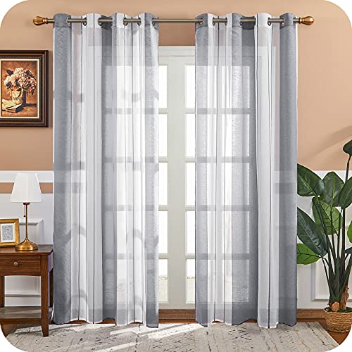 MRTREES 2 Piezas Cortinas Visillos Translúcidos Rayas de Dormitorio Moderno 140×225cm con Ojales para Ventanas Habitación Niño Salon Cocina Comedor Baño Gris+Blanca