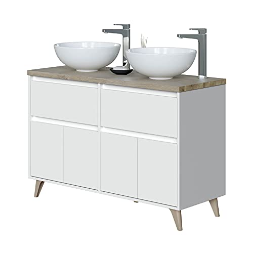 Mueble de Baño con 4 Puertas y 2 Cajones, Modulo Lavabo, Modelo ONA, Acabado en Blanco Brillo y Roble Alaska, Medidas: 120 cm (Ancho) x 80 cm (Alto) x 46 cm (Fondo)