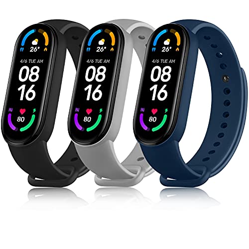 Mugust 3 Pack Correa Compatible con Xiaomi Mi Band 5 / Xiaomi Mi Band 6 / Amazfit Band 5, Pulseras de Repuesto de TPU Clásica para Xiaomi Mi Band 5 / Mi Band 6 Correas (Negro+Azul Marino+Gris)