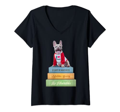 Mujer Bulldog francés se sienta en famosas novelas francesas Camiseta Cuello V