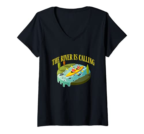 Mujer The River Is Calling Kayaker Trees Mountains Nature Fans Camiseta Cuello V