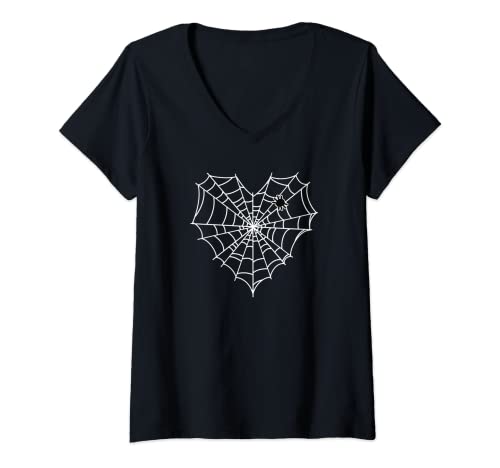 Mujer Trendy Spider Web Heart Halloween Camiseta Cuello V