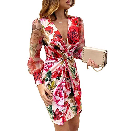 Mujer Vestido Sexy Elegante de Cuello en V Profundo Vestidos Delgados de Verano de Manga Larga Transparente con Estampado de Leopardo/Floral para Casual Boda Fiesta Cóctel Club (Rojo, XL)