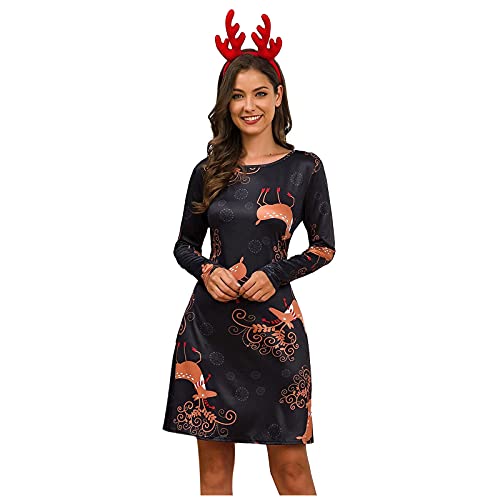 Mujer Vestidos de Navidad Cóctel Elegante Fiesta Cuello Redondo Manga Larga Otoño Invierno con Estampado Navideño Vestido asual Disfraz Christmas Mujer Talla Grande Lolita Dress (S Orange, L)