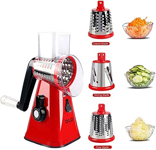 Multifunctional Vegetable and Fruit Cutting Machine, Rotating Drum Cheese Grater with 3 Stainless Steel Revolving Blades, Manual and Safe Milling, Slicer (RED)