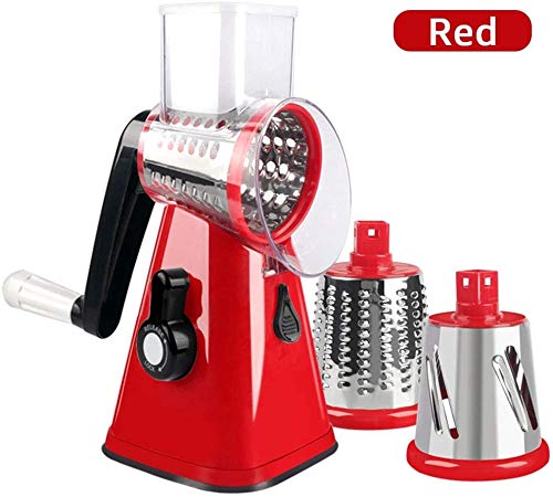 Multifunctional Vegetable and Fruit Cutting Machine, Rotating Drum Cheese Grater with 3 Stainless Steel Revolving Blades, Manual and Safe Milling, Slicer (RED)