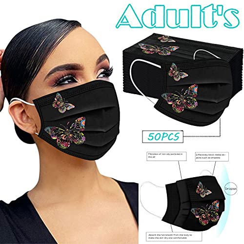 Mumustar 50 mascarillas desechables para adultos negra Serie de elementos de mariposa, agradable a la piel y cómodo Adecuado para salir, ir de fiesta (C)