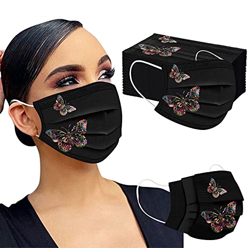 Mumustar 50 mascarillas desechables para adultos negra Serie de elementos de mariposa, agradable a la piel y cómodo Adecuado para salir, ir de fiesta (C)