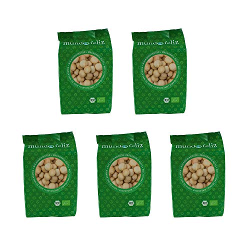 Mundo Feliz - Nueces de macadamia ecológicas crudas, 5 bolsas de 100 g