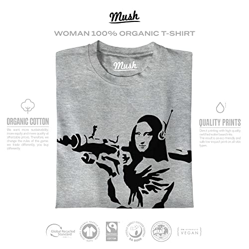 Mush Dressyourstyle - Camiseta de mujer con estampado de graffiti-Banksy-Mona-Lisa-100%-orgánico, gris deportivo Grigio Sport L