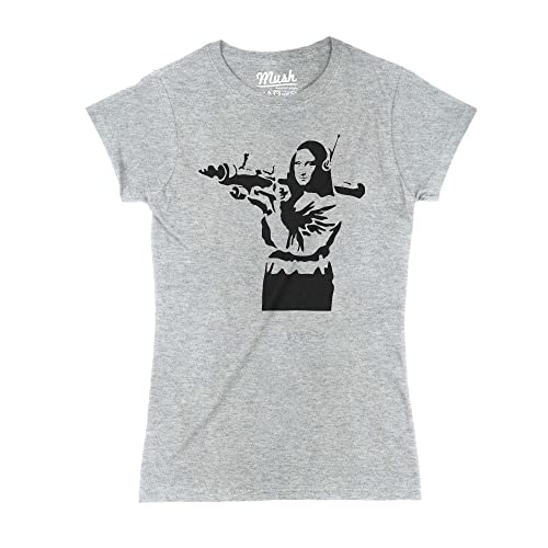 Mush Dressyourstyle - Camiseta de mujer con estampado de graffiti-Banksy-Mona-Lisa-100%-orgánico, gris deportivo Grigio Sport L