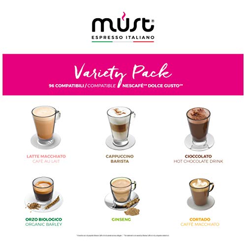 MUST Solubles Variety Pack Degustación 96 Cápsulas, 6 Paquetes de 16 Cápsulas, Cápsulas Autoprotegidas Compatibles con la Máquina Nescafè Dolce Gusto, Made in Italy