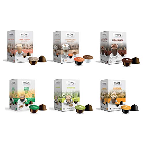 MUST Solubles Variety Pack Degustación 96 Cápsulas, 6 Paquetes de 16 Cápsulas, Cápsulas Autoprotegidas Compatibles con la Máquina Nescafè Dolce Gusto, Made in Italy