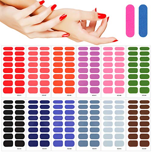 MWOOT 12 Hojas Pegatinas de Esmalte de Uñas con Lima de Uñas,Pintado de Color Sólido Full Cover Nail Art Stickers, Etiqueta Engomada Uñas Autoadhesivas para Uñas Decoración