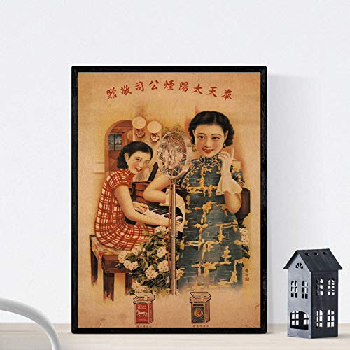 Nacnic Poster Vintage. Anuncio Vintage de Tabaco Chino Shanghay. Tamaño A3 con Marco