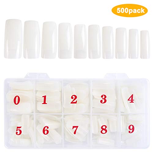 Natuce 500PCS Uñas Falsas, 10 Tallas Puntas de Uñas Artificiales Acrílico, Naturales Uñas Postizas, Artificiales de Acrílico Puntas de Uñas de Manicura, falso consejos de uñas de arte con caja (A)