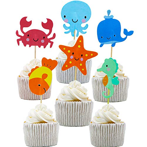 NEPAK 96 piezas de decoración para cupcakes de animales marinos del océano para fiestas temáticas bajo el mar, fiestas de cumpleaños para niños y fiestas de cócteles