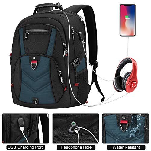 NEWHEY Mochila Portatil 17.3 Pulgadas Hombre con Puerto de USB Grande Mochila para Portátil 17 Pulgadas Impermeable Viaje Negocio Universidad Negro (Azul)