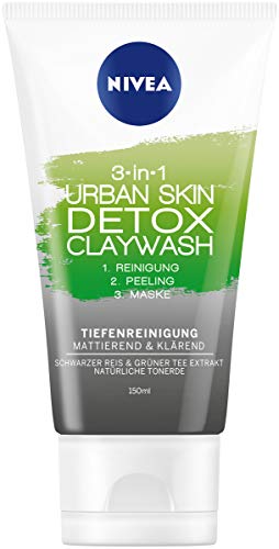 NIVEA 3 en 1 Urban Skin Detox Claywash en paquete de 3 unidades (3 x 150 ml), limpieza facial con exfoliante y mascarilla facial, cuidado facial profundo y matificante.