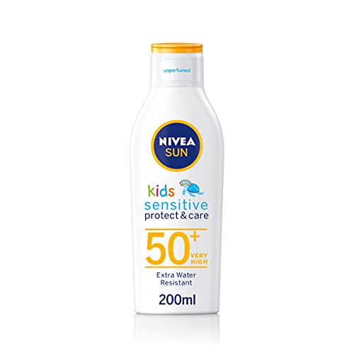 Nivea - Kids protect and sensitive, loción solar con, factor de protección solar 50+ muy alta, 200 ml