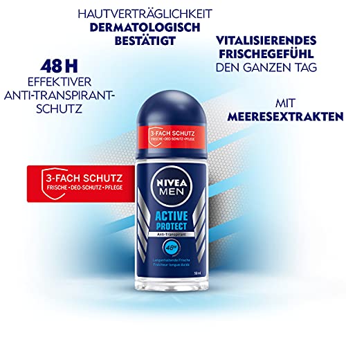 NIVEA MEN Desodorante roll-on Active Protect (50 ml), antitranspirante durante 48 horas protección contra el sudor, desodorante con valiosos extractos marinos