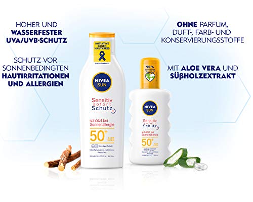 NIVEA SUN Sensitiv Loción solar protección inmediata en paquete de 1 unidad (1 x 200 ml), loción solar con FPS 50+ para pieles sensibles, protección solar impermeable en caso de alergia al sol