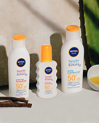 NIVEA SUN Sensitiv Loción solar protección inmediata en paquete de 1 unidad (1 x 200 ml), loción solar con FPS 50+ para pieles sensibles, protección solar impermeable en caso de alergia al sol